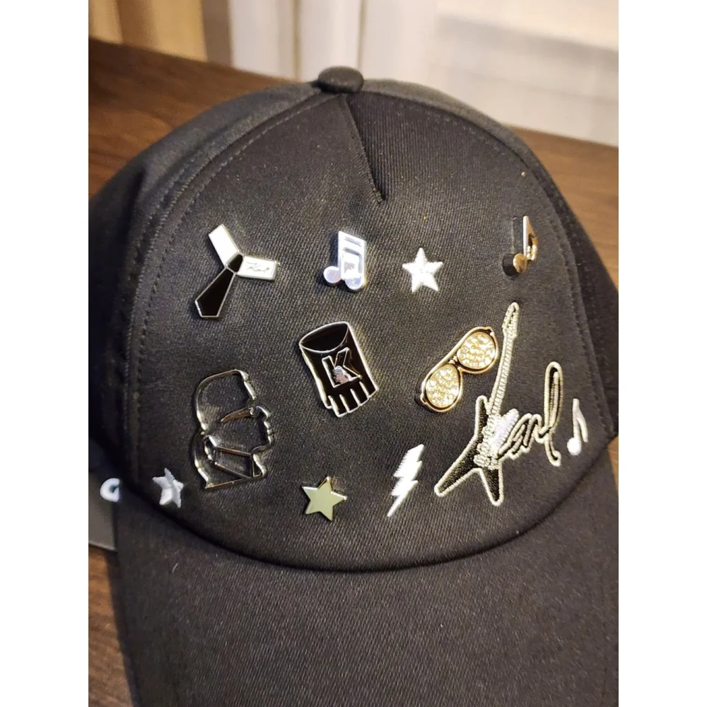 Karl Lagerfeld Rock and Roll Embellished Baseball Hat Cap Beanie - Black - Picture 7 of 16